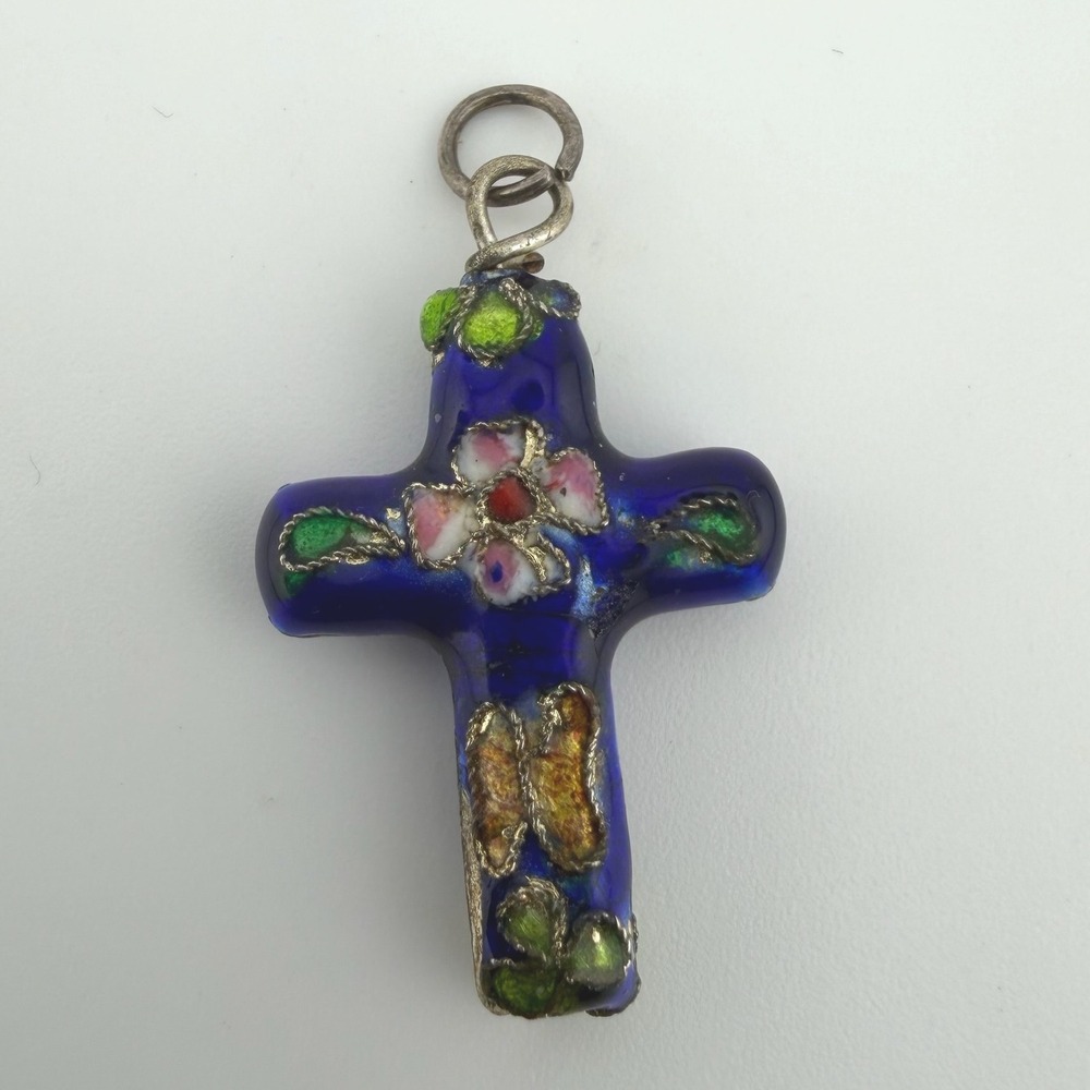 Vintage Cloisonne Cross Pendant Cobalt Blue Floral Millefiori Lampwork Charm